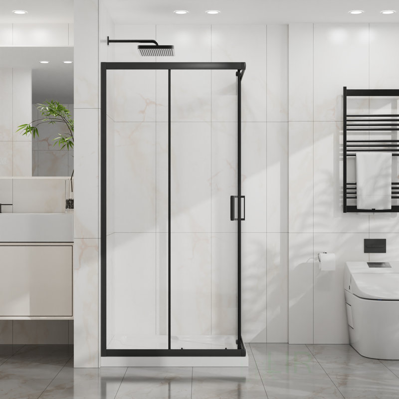 Cabine de douche d'angle avec verre trempé transparent, porte coulissante et cadre en aluminium pour salle de bain moderne, porte de douche