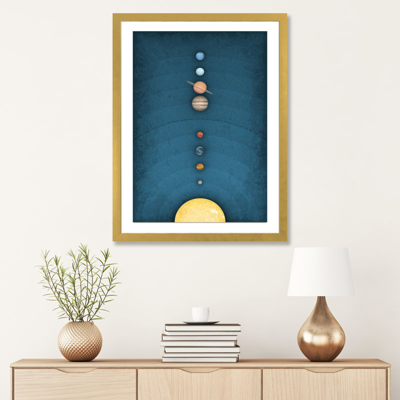 Système solaire sur bleu I - impression, Papier encadré doré, Blanc, H 32 po x l 24 po x P 1 po