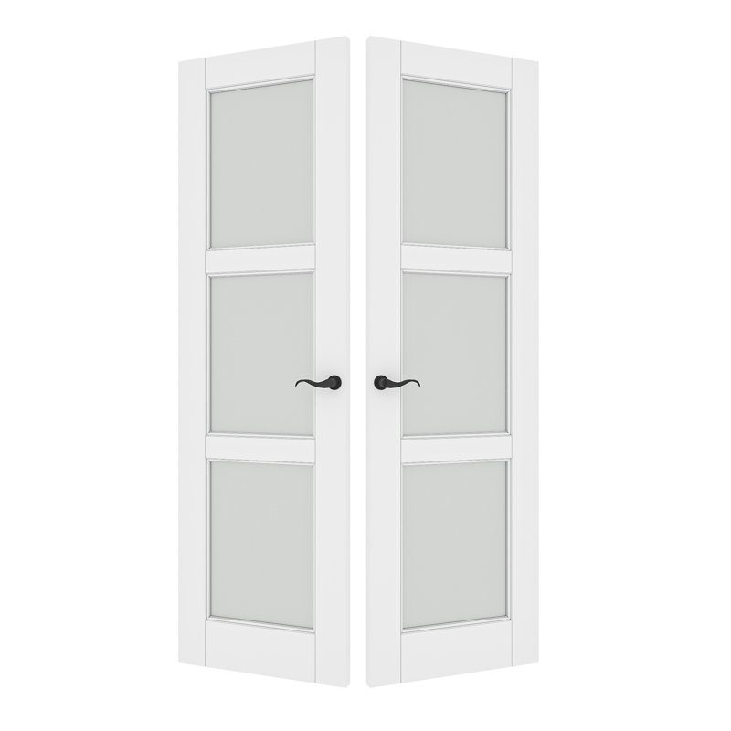 3-Lite Frosted Glass French Door Solid Wood Manufacture Interior Double Bathroom Door With Hardware Kit, 48" x 80"