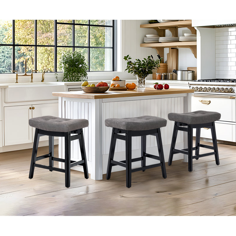 24inch Wooden Backless Saddle Counter Height Barstools Wide Seat Comfortable For Kitchen Island, PU Gray Seat/Black Frame