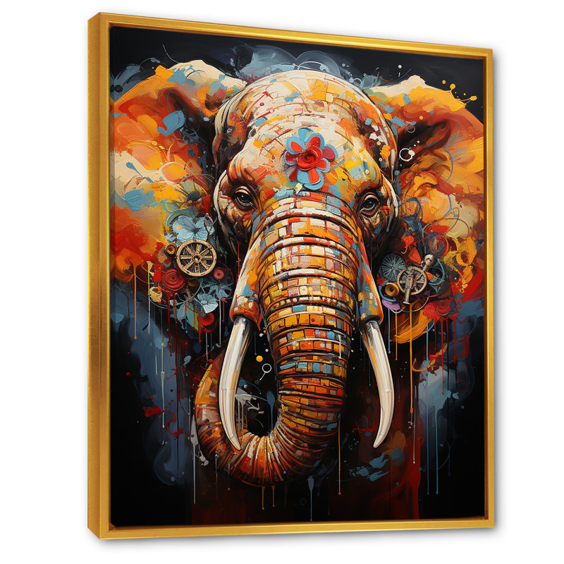 «Urban Graffiti Pachyderms I» sur toile, Cadre flottant doré, H 44 po x l 34 po x P 1,5 po