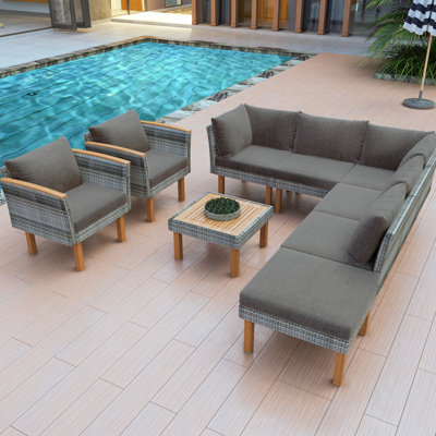 Mobilier de patio avec accents en bois, sectionnel PE, coussins en mousse épaisse, résistant aux intempéries, housses amovibles, assise confortable, pieds de conversation, gris lavable, large et multifonctionnel