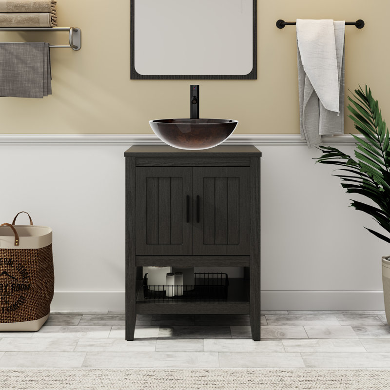 Sharee 24" Single Bathroom Vanity Set With Vessel Sink, Faucet And Drain, Assembly Required, Black