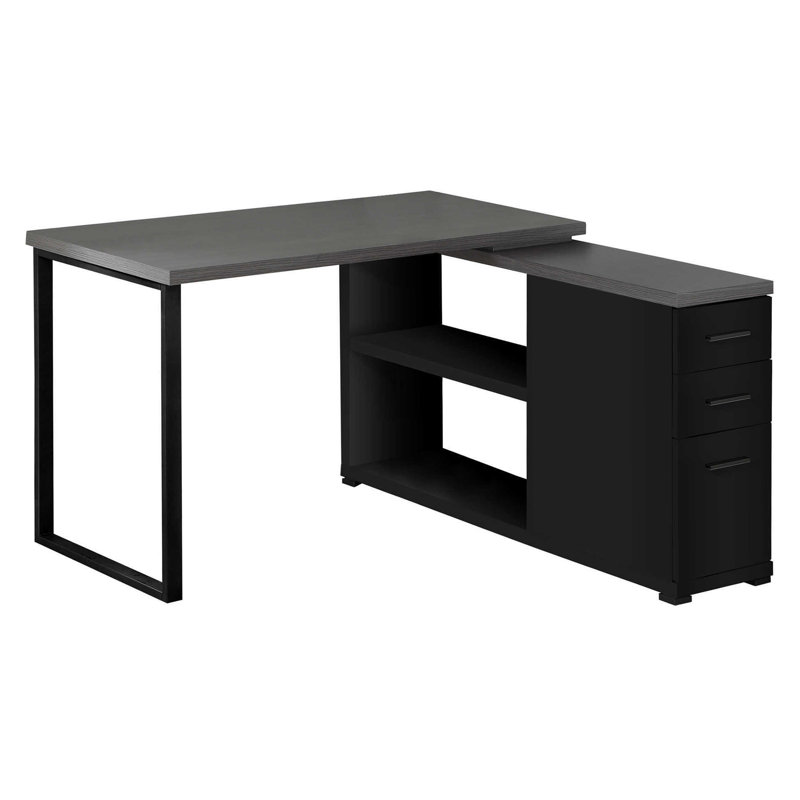 Contemporary L-Shape Computer Desk With Storage Drawers, Adjustable Shelf, And Black Metal Frame For Modern Home Office