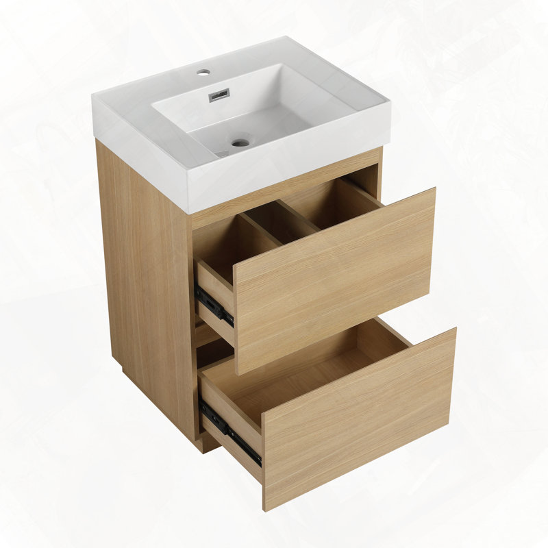Meuble-lavabo pour salle de bain avec lavabo simple encastré et tiroir double facile à assembler, Chêne
