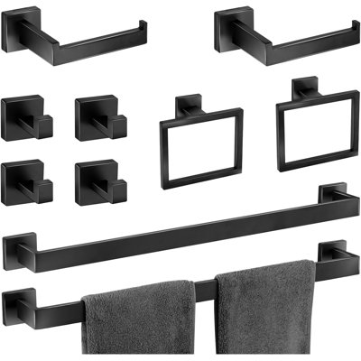 Matte Black Bathroom Hardware Accessories Set - Towel Bar, Hooks, Rings, Paper Holder (10 Pieces)
