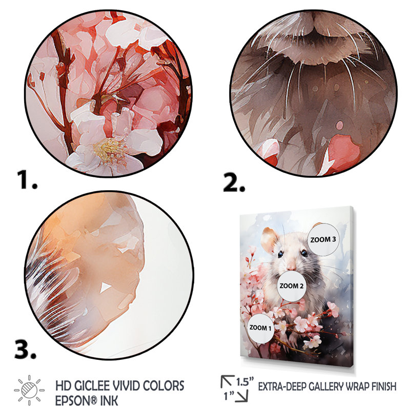 Rats Floral Portrait Blooms - Rongeur, art mural, Toile tendue, H 20 po x l 12 po x P 1 po