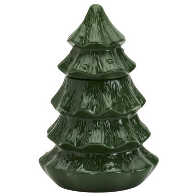 TTU Gallery Stoneware Christmas Tree Cookie Jar Canister White Green