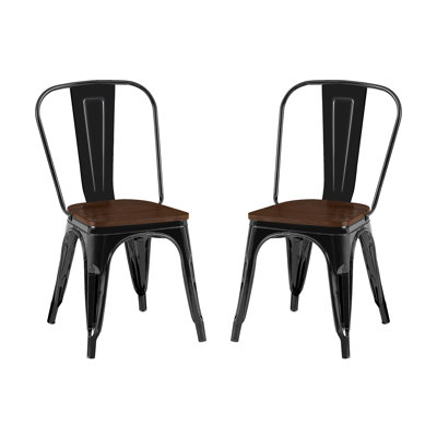 Ensemble de 2 chaises de salle à manger en métal à haute brillance avec siège en bois noyer empilable de 18 pouces de hauteur, intérieur extérieur, surface légère facile à nettoyer, assemblage facile, conception moderne durable