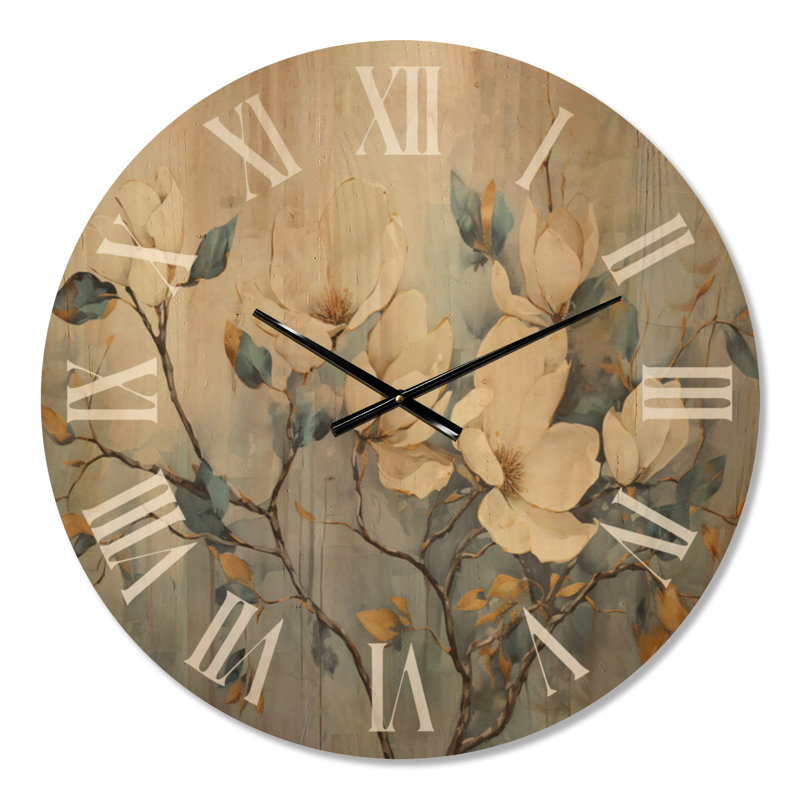 Très grande horloge murale en bois à motif floral - tranquillité de magnolia blanc et bleu, Large