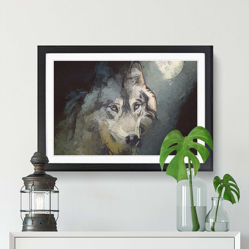 Wolf Under the Moon in Abstract - Picture Frame Painting Print, Black Framed, 36cm H x 48cm W x 2cm D