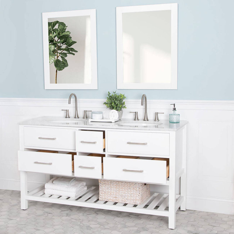 Ensemble de meuble-lavabo double l 60 po x P 22 po x H 34 po, Carrera blanche, Chêne clair