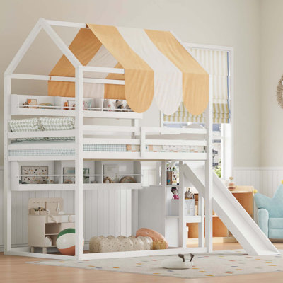 Lit double pleine grandeur avec auvent de style maisonnette, glissoire et bibliothèque intégrée pour enfants et adolescents