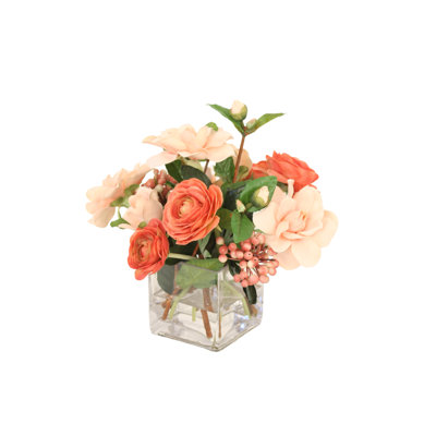 Gardenias Ranunculus and Berries in Square Glass Vase
