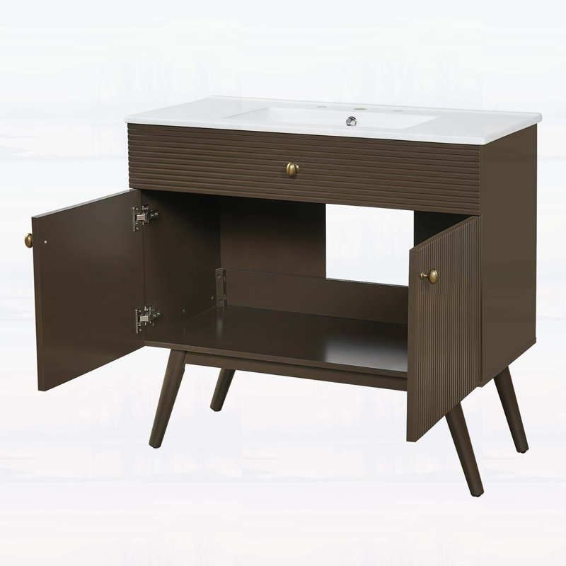 Armoire de salle de bain spacieuse à deux portes avec lavabo en céramique, motif rayé