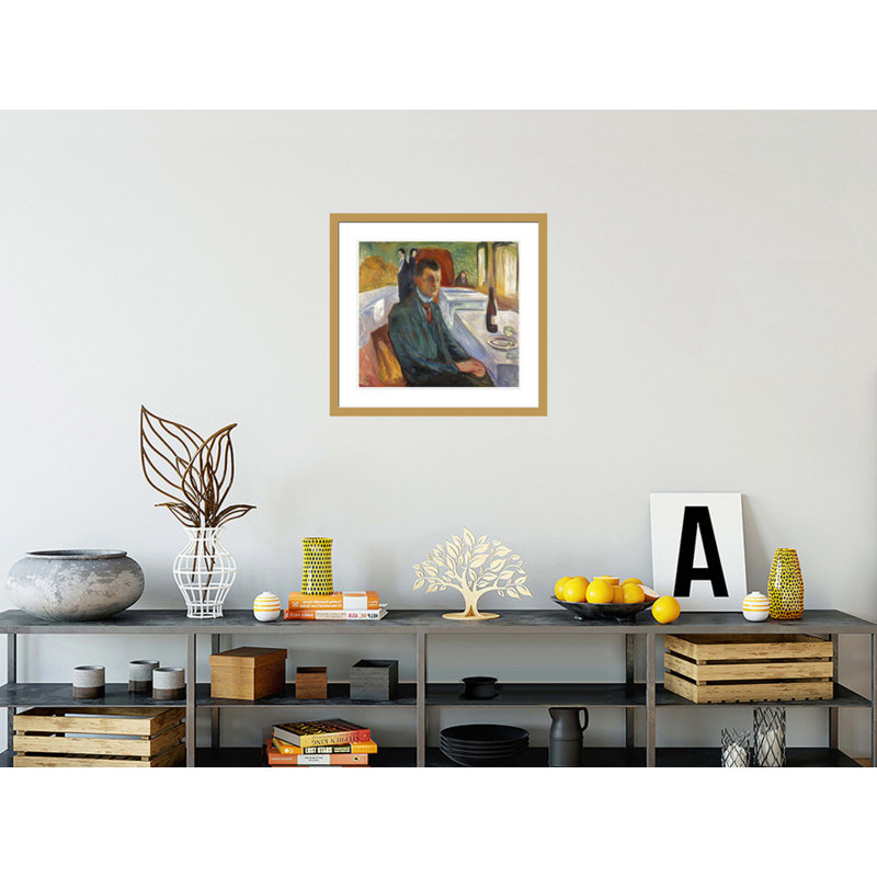Autoportrait avec une bouteille de vin par Edvard Munch - Impression Giclée encadrée, H 23,5 po x l 25,22 po
