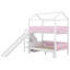 Lit superposé en bois en forme de maison avec glissière et escalier de rangement, lit superposé peu encombrant avec tablettes intégrées et garde-corps-352139162