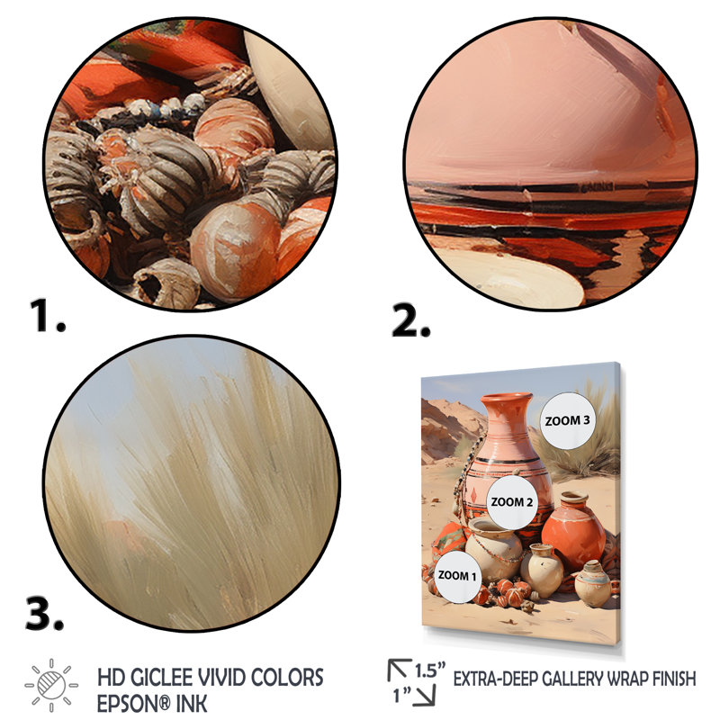 Art mural rose sur toile - Poterie bohème, Cadre flottant doré, H 44 po x l 34 po x P 1,5 po