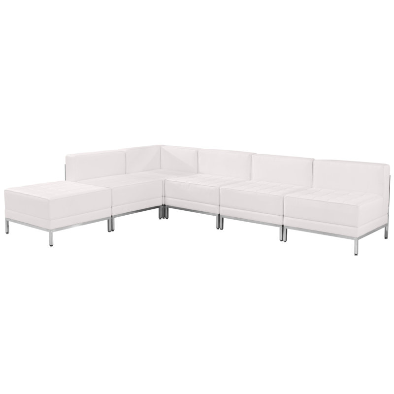 Hercules 6 Piece LeatherSoft Modular Sectional Configuration - Stainless Steel Legs, White Faux Leather