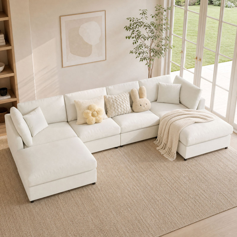 Canapé modulaire en chenille modulaire de 128 po en forme de U avec 2 repose-pieds mobiles, Beige
