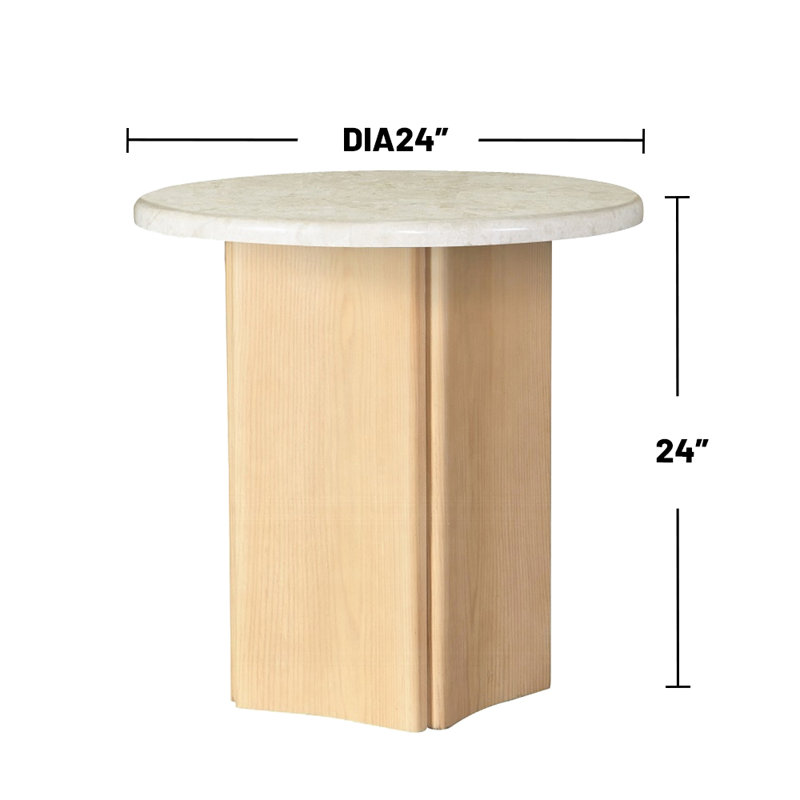 Round Faux Marble Top End Table With Wooden Curved Base In White And Oak