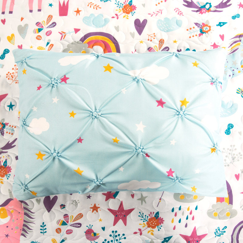 Unicorn Heart Quilt Set, White, Twin Quilt + 1 Sham + 2 Pillows