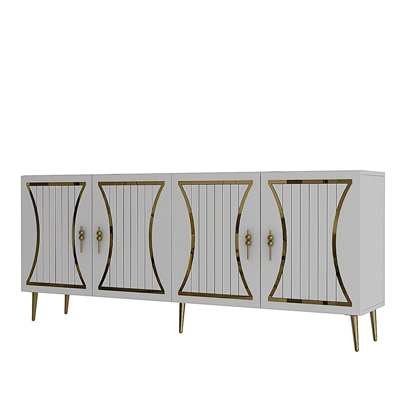 Modern White & Gold Console Table, 100% Melamine Coated Particle Board, Thickness: 0.7 inches | Wall-Mountable with Multiple Shelves | Glamorous Geometric Design for Home Décor
