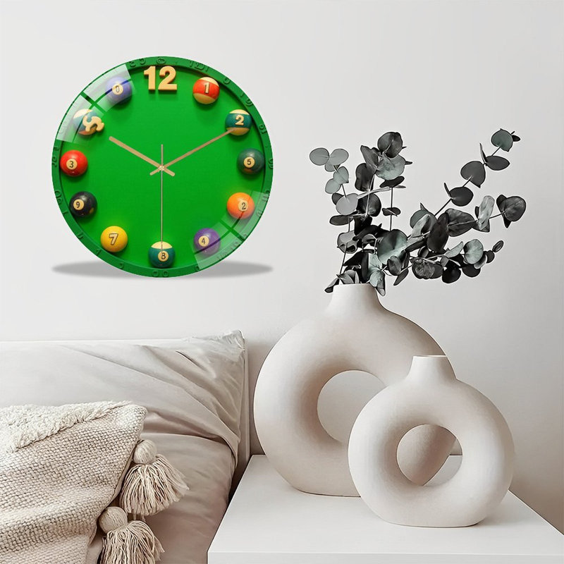 Horloge murale silencieuse en verre trempé de 30 cm, « Boules de billard colorées et amusantes pour adultes », sans tic-tac, fonctionne avec des piles AA (non incluses), décoration artistique pour la maison