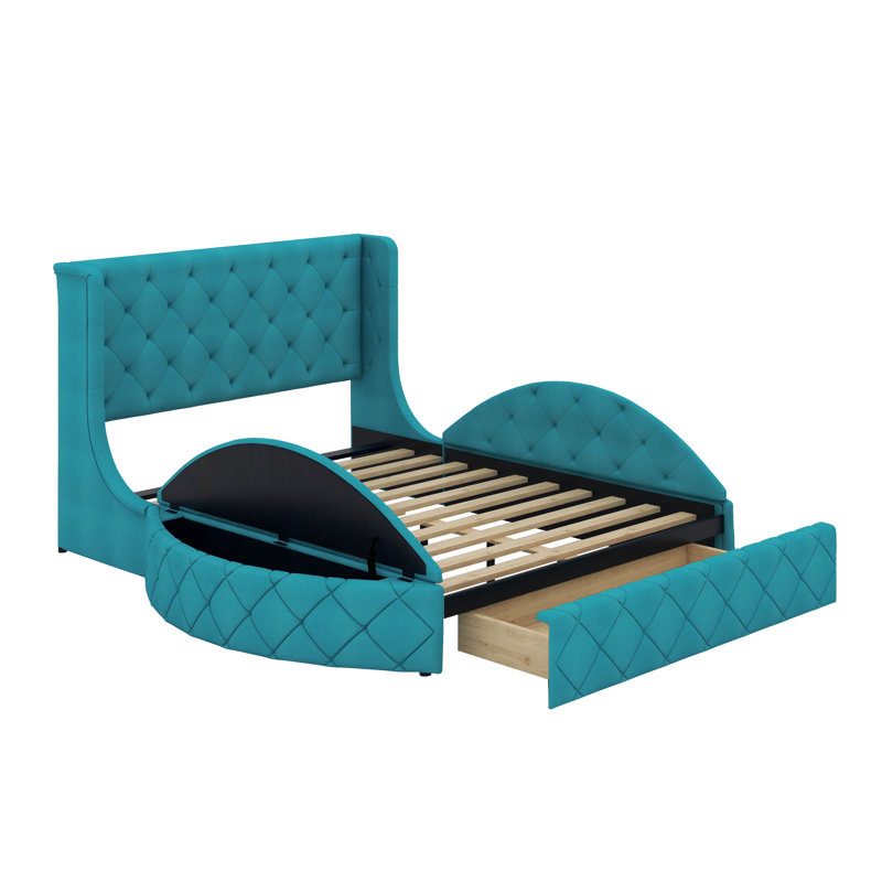 Grand lit plateforme tapissier en velours avec tête de lit et tiroir, Bleu