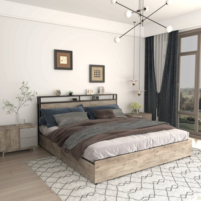 Full Bed Frame, Storage Headboard With Charging Station, Solid And Stable, Noise Free, No Box Spring Needed