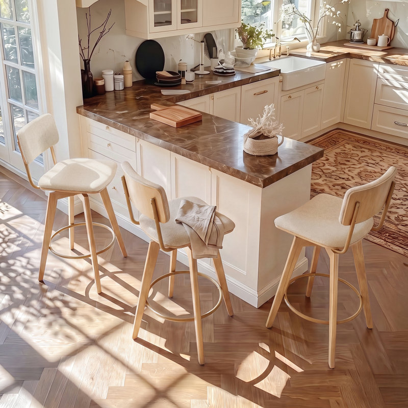 Tabouret de comptoir pivotant de 26 po avec siège et dossier incurvés en lin Mid-Century Ashwell, Naturel
