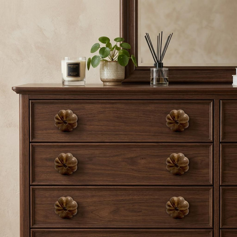 Set of Six Brown Wood Flower Shaped Drawer Pull Knobs