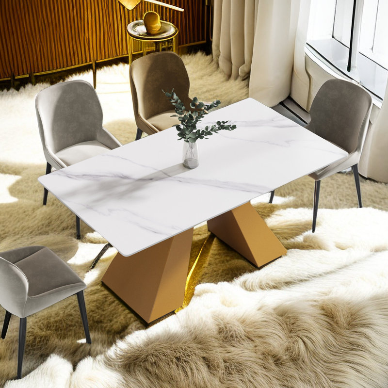 Modern White Marble Rectangular Dining Table with Gold Pedestal