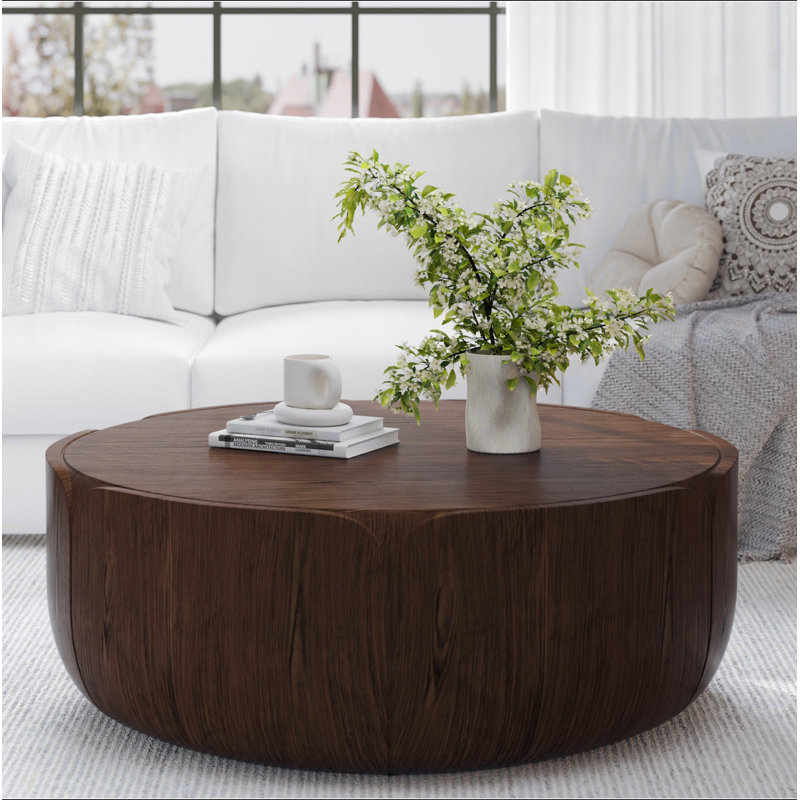 Table basse d'intérieur ronde 35,63 ", table basse centrale à grain de bois moderne, robuste MGO (oxyde de magnésium) imperméable, table sans assemblage pour patio, jardin, cour arrière, salon
