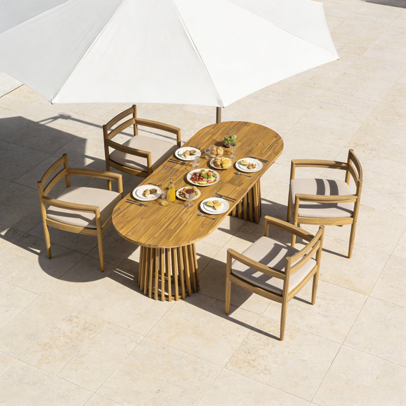 Lynx Outdoor 4-Person Acacia Wood Dining Set With Cushions & Dual Slatted Pedestal Bases, 4
