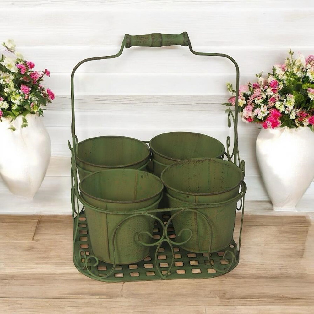 Metal Garden 4 Pot Planter - Hand-Finished Plant Display Stand with Carry Handles for Patio, Balcony and Garden Décor