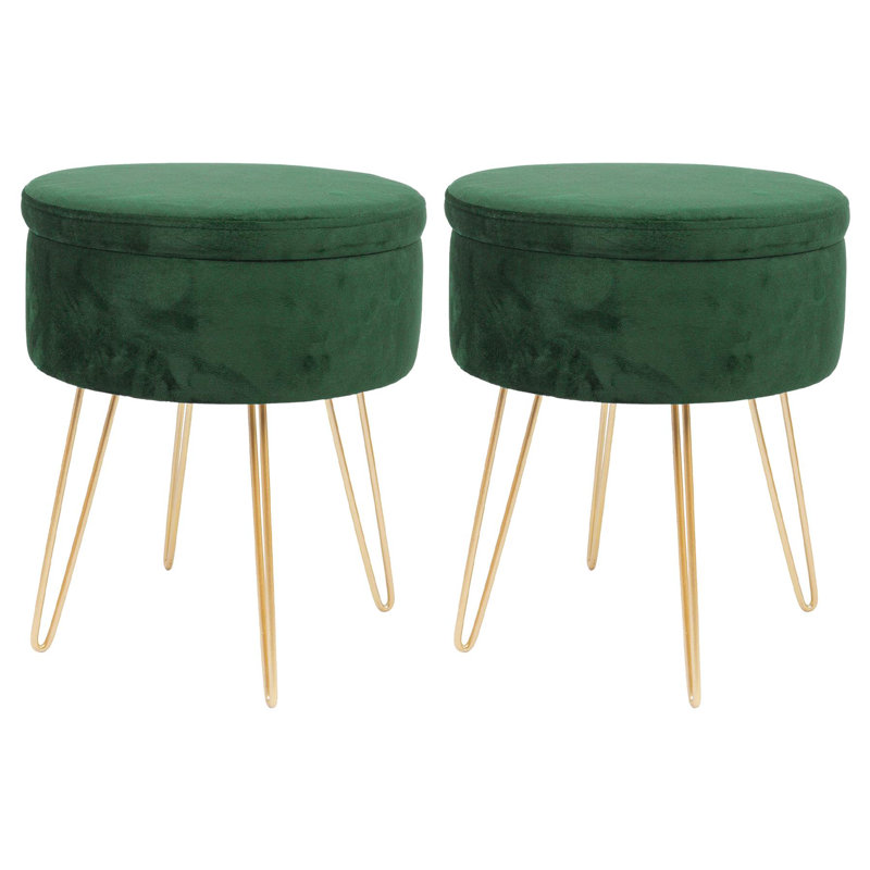 Harbour Housewares Round Velvet Storage Footstools - Pack of 2, Gold, Green