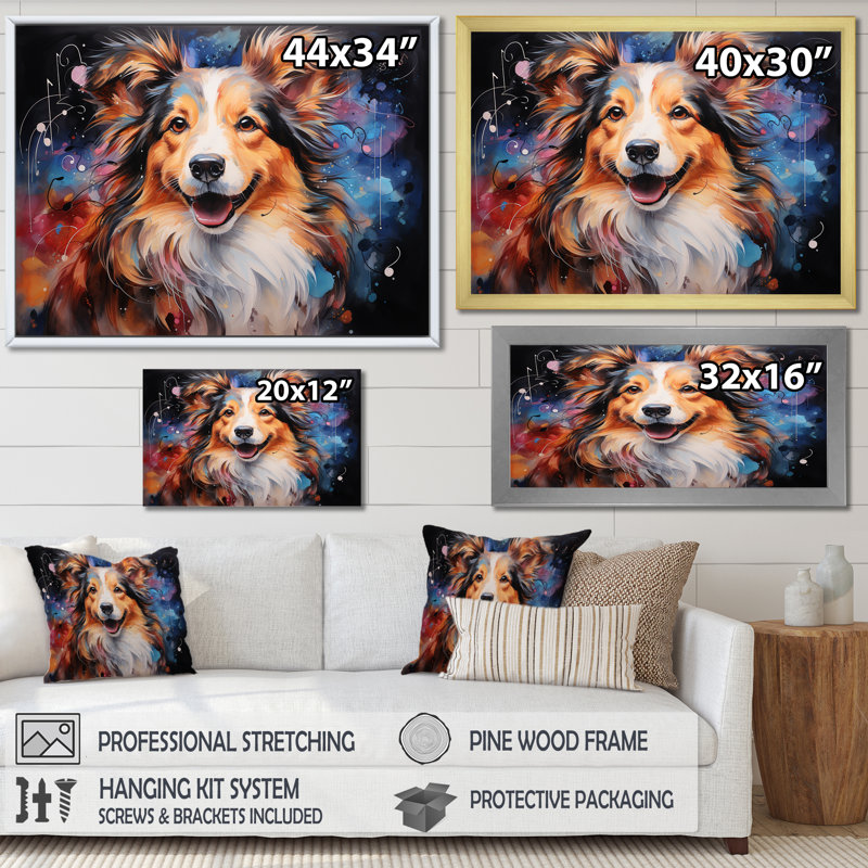 «Shetland Sheepdog Portrait I», reproduction sur toile, Cadre doré à coins fermés, H 12 po x l 20 po x P 1 po