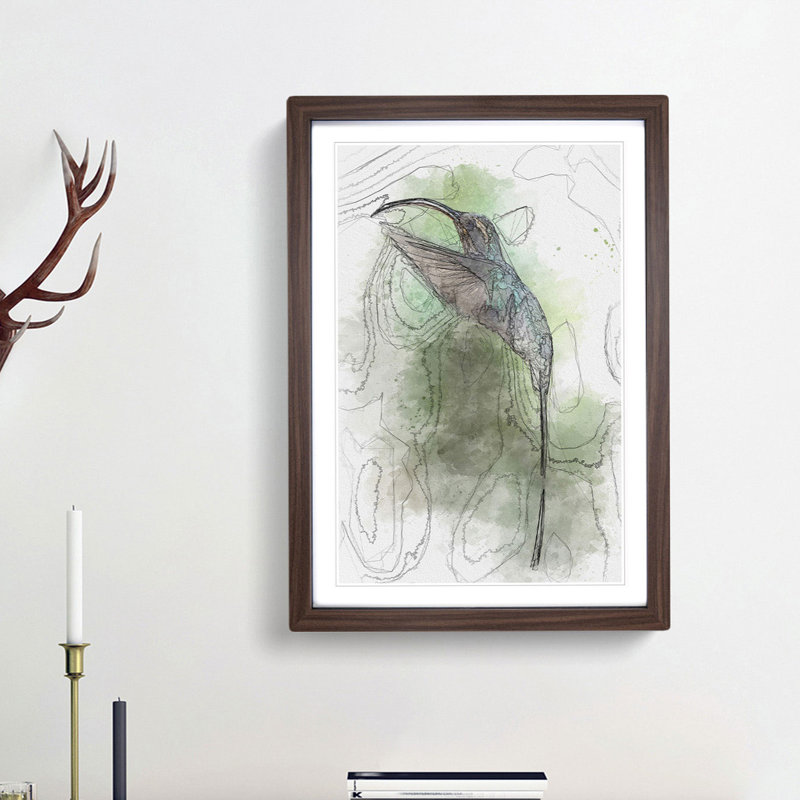 Green Hermit Hummingbird in Abstract - Picture Frame Graphic Art Print, 65cm H x 48cm W x 2cm D, Walnut Framed