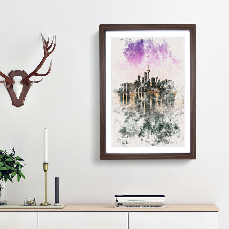 Skyline of Toronto in Canada - Picture Frame Graphic Art Print, 33cm H x 24cm W x 2cm D, Walnut Framed