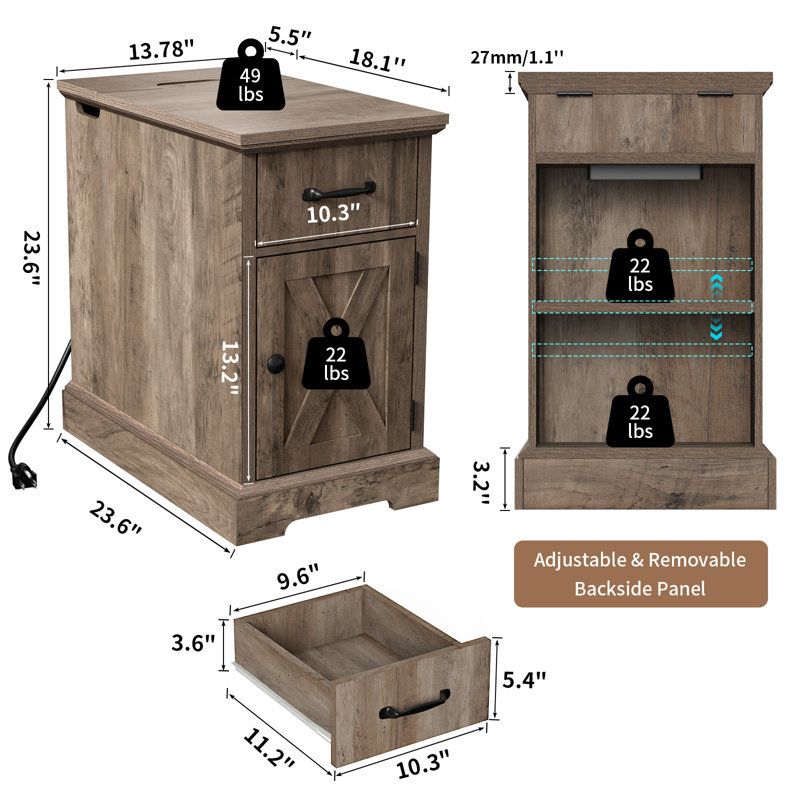 Kadric Farmhouse End Table With Built-In Outlets & Adjustable Shelves, Gray