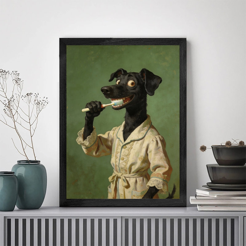 Art encadré noir, chien noir rétro, brossage des dents, art humoristique rétro, impressions encadrées, H 11 po x l 9 po