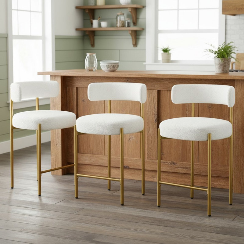 Tabouret de comptoir rembourré 24 po Najira, 3, Doré, Cream White Polyester