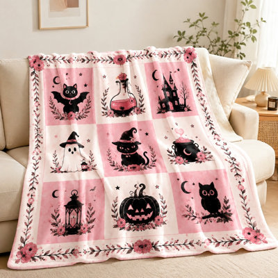 Couverture polaire à thème d'Halloween, imprimé mignon fantôme chauve-souris chat citrouille, jeté douillet pour canapé, lit, couverture décorative chaude en toute saison