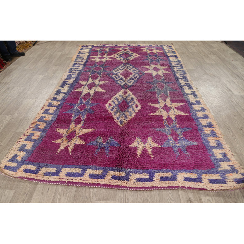 Tapis décoratif en laine de conception unique 6 pi x 10 pi 7 po noué à la main 1970/bleu/brun