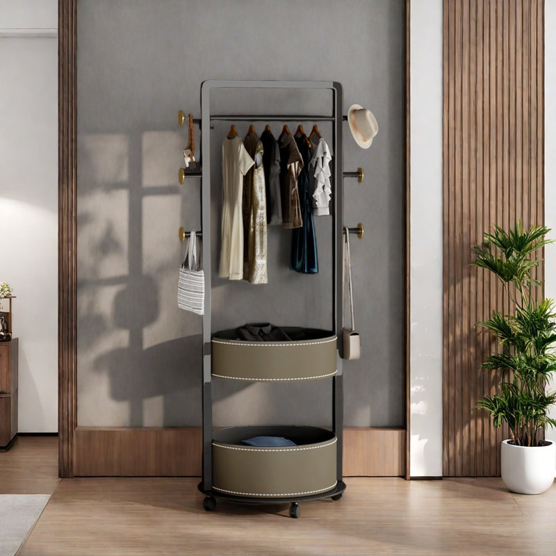 Carbon Steel Coat Rack Double Baskets, Khaki