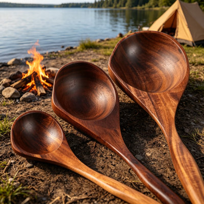 Professional Wooden Ladle Set of 3, Teak Cooking and Serving Spoons with Long Handles for Soup, Stirring, Mixing, and Non-Stick Cookware