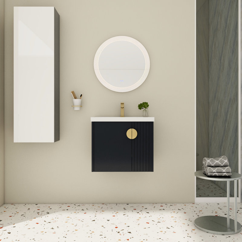Meuble-lavabo de 24 po avec lavabo en céramique, fixation murale pour salle de bain compacte, petite porte à fermeture en douceur et poignée en métal, portes et poignées contemporaines à fermeture en douceur