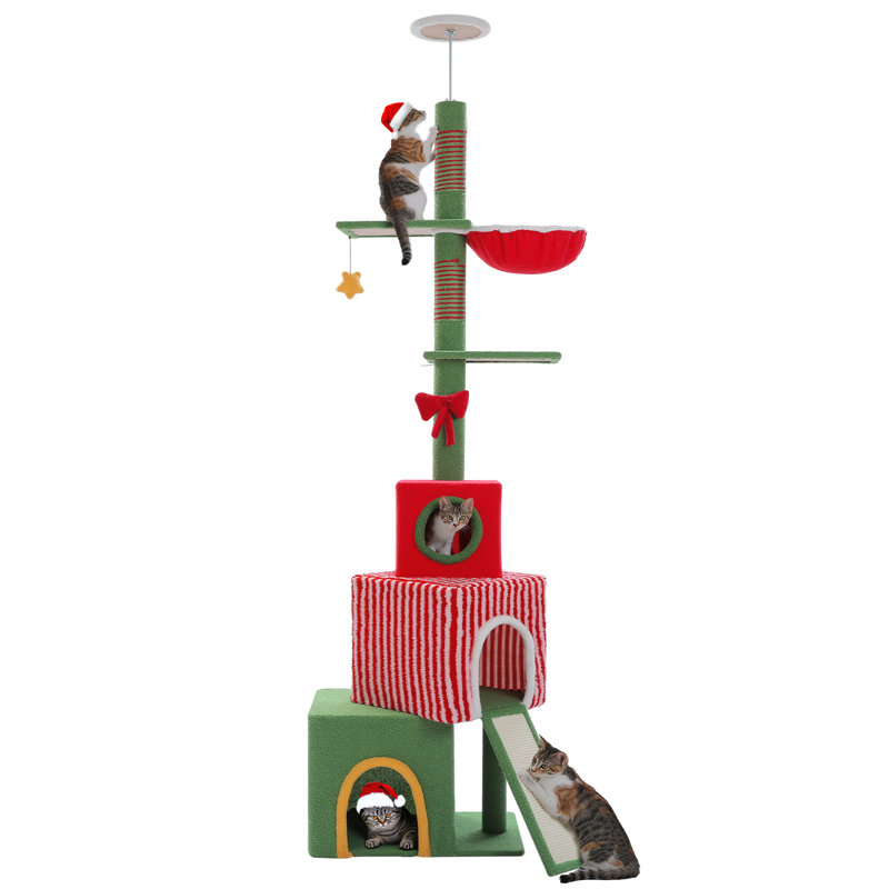 Arbre à chat de 83 à 108,7 po pour Noël, tour de chat à plusieurs niveaux avec pile de cadeaux de Noël