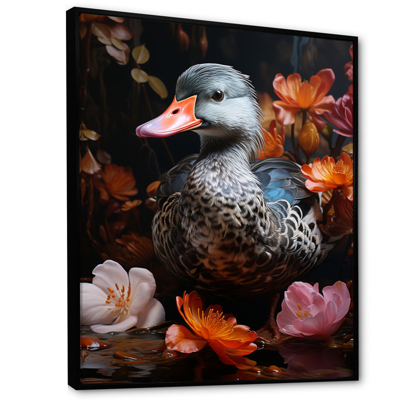 «Duck's Floral Shadow Diver» - Art mural animal canard, Cadre flottant noir, H 20 po x l 12 po x P 1 po